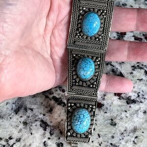 Antique Silver 925 and Blue Stone Cannetille Panel Bracelet Cuff